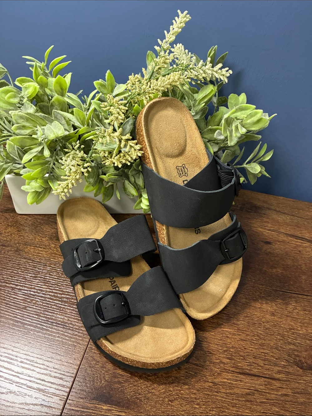 Dream Pairs Black Leather Double Strap Cork Footbed Sandals